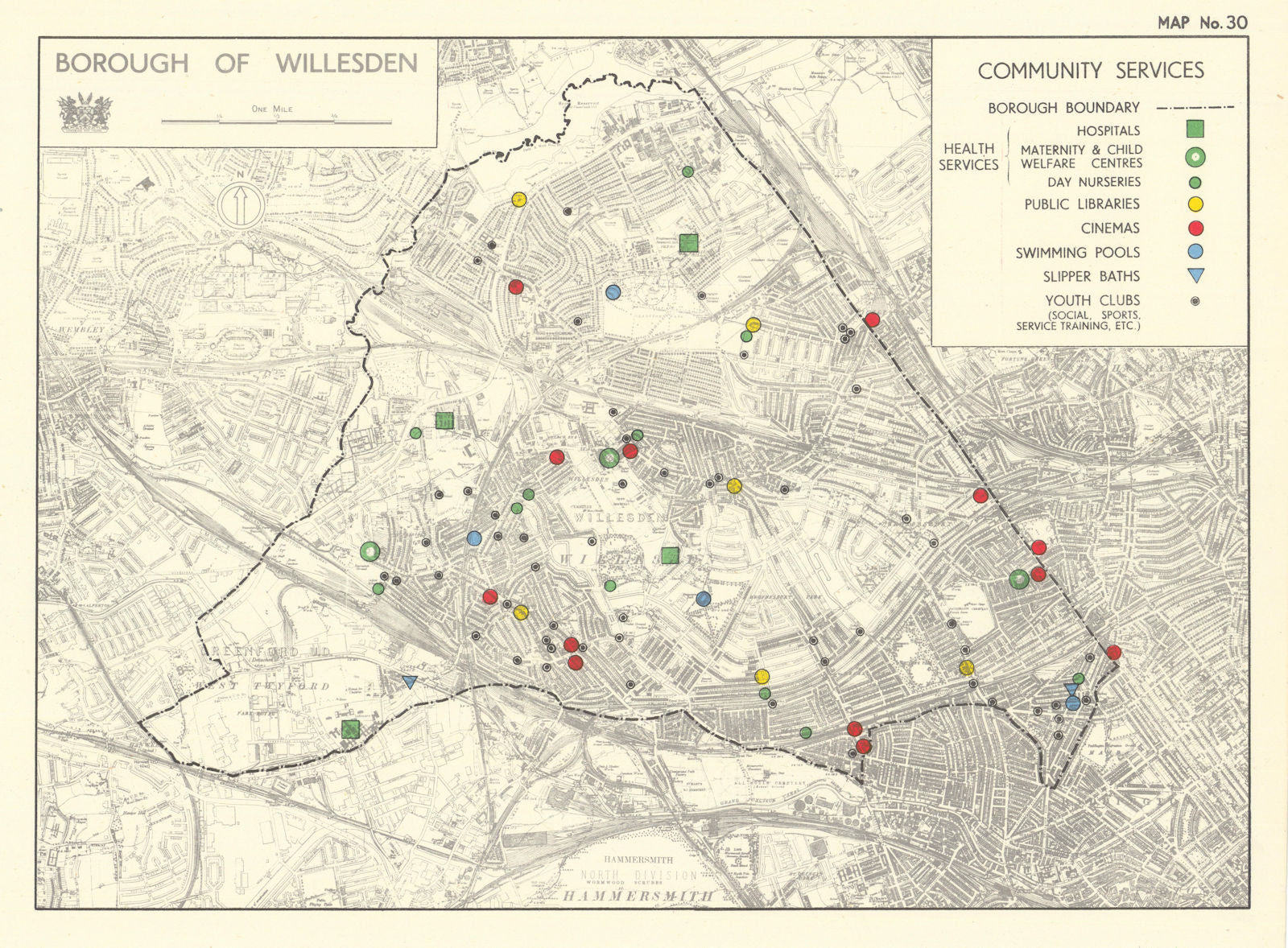 Willesden Borough. Community services. Kensal Kilburn Neasden 1950 old map